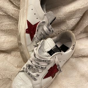 Golden Goose red glitter star, snakeskin tab 37s